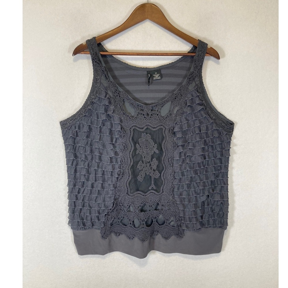 Boho‎ Romantic New Directions Woman 3X Grey Ruffle Crochet Lace Sleeveless Top